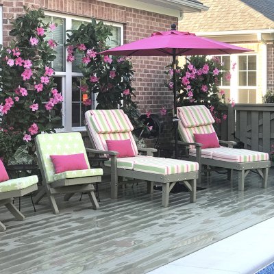 Wood Pool Lounger (Options: Single, Standard 74", 15.5" H, Douglas-fir, Single 4-inch Thick Handmade Cushion - Custom Color, Furniture Finish is Sherwin Williams, SW7737 Meadow Trail Stain by Custom Request). Photo also shows 2 Portable Redwood Beach Chairs. Photo Courtesy of Pamela Fortier of Chapel Hill, North Carolina. 