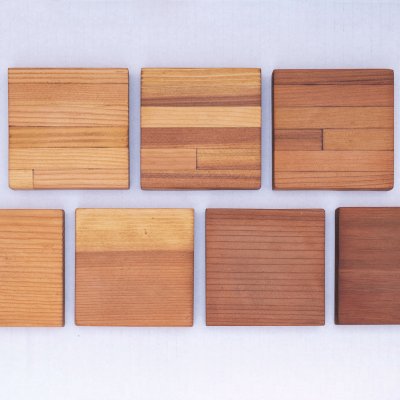 Wood Samples. Top Row (From Left to Right): Mosaic Douglas, Mosaic Redwood, Mosaic Mature Redwood. Bottom Row: Douglas-fir, California Redwood, Mature Redwood, Old-Growth Redwood.