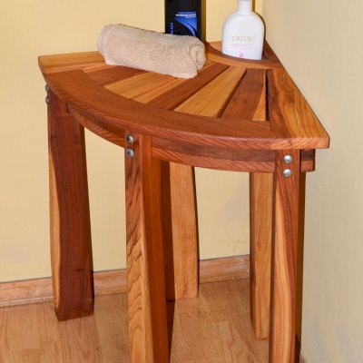 Wooden Corner Shower Bench (Options: Redwood, 24" H, Transparent Premium Sealant).