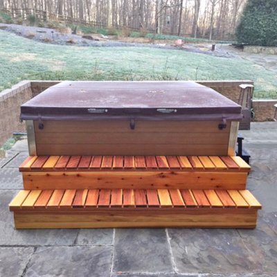Wooden Spa Step (Options: 84" L  x 22" W x 18" H, Redwood, No Engraving, Transparent Premium Sealant, Closed Front by Custom Request). Photo Courtesy of B. Bennett of Great Falls, Virginia.