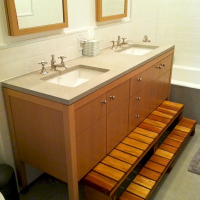 Wooden Spa Step (Options: 54" x 22" x 18", Redwood, No Engraving, Transparent Premium Sealant). Photo Courtesy of Ms. Ashley T. of New York, NY.