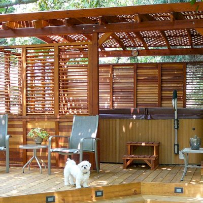 Wooden Spa Step (Options: 24" x 22" x 18H", Redwood, No Engraving, Transparent Premium Sealant). Photo also Shows a Custom Arched Pergola with Louvers. Photo courtesy of George Jackson of Commerce Township, Michigan.